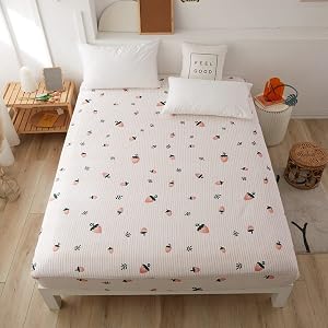 Feelyou Cute Strawberry Bed Sheet Set Soft Cotton Sheet Set Pink Stripes Fitted Sheet for Kids Girls Queen