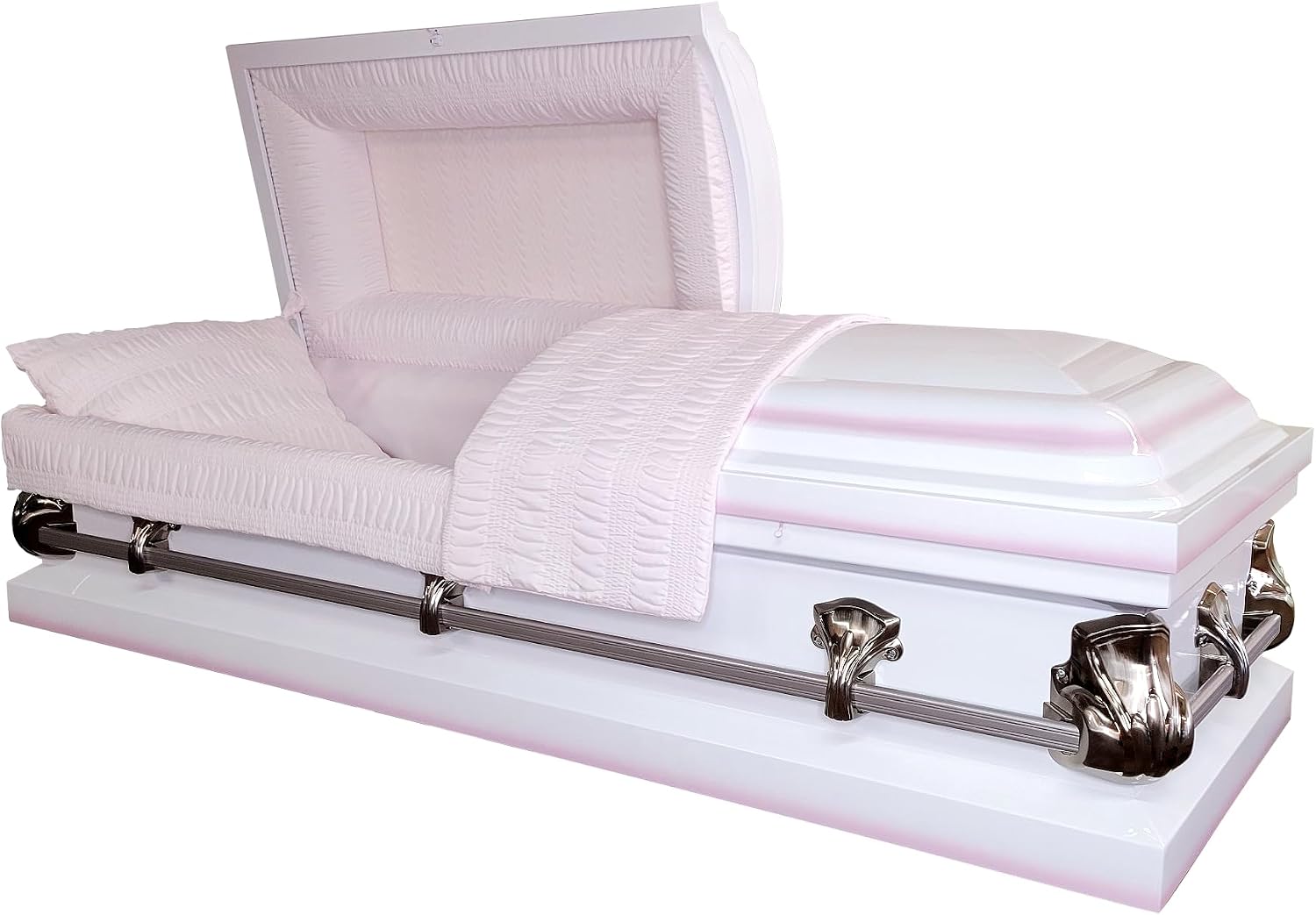 RestInPower Steel Satin Clarice White Pink Casket - Enduring Elegance in Premium Steel with Complete Comfort Bedding (White Pink)