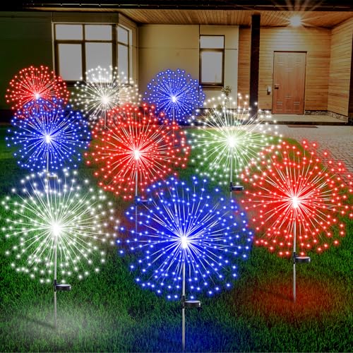 Tujoe 9 Pcs 4th of July Solar Firework Stake Lights 180 LED 8 Modes Solar Waterproof LED Sparkler Lights Outdoor Patriotic Decoration for Memorial Independence Day Garden Patio Yard (Red, Blue, White)
