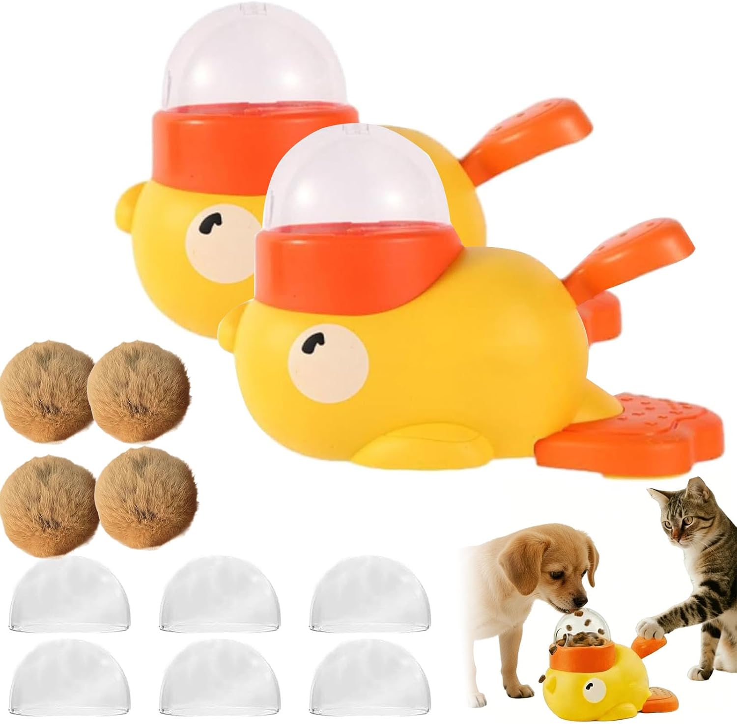 Duck Cat Treat Dispenser,Yellow Duck Cat Toy Treat Feeder with 3 Lids,Ducks Pet Feeder for Cats Dogs, Slow Feeder Puzzle Toy for Small Medium Pet (2pcs)