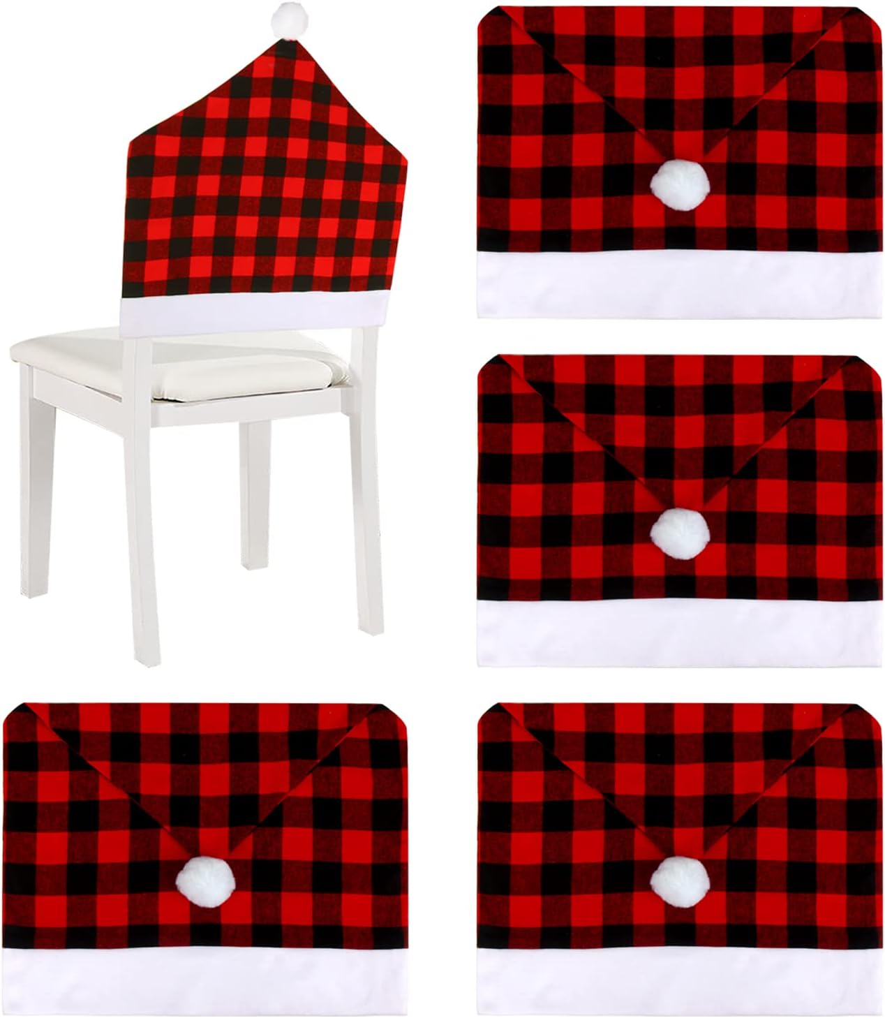 LOMIMOS 4PCS Christmas Buffalo Plaid Chair Covers,Xmas Hat Dining Chair Slipcovers,Back Covers