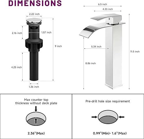 Miniatura 6 de Bathfinesse Grifo de baño de cromo pulido para fregadero de recipiente, grifo de lavabo de acero inoxidable alto, de una sola manija, un agujero,