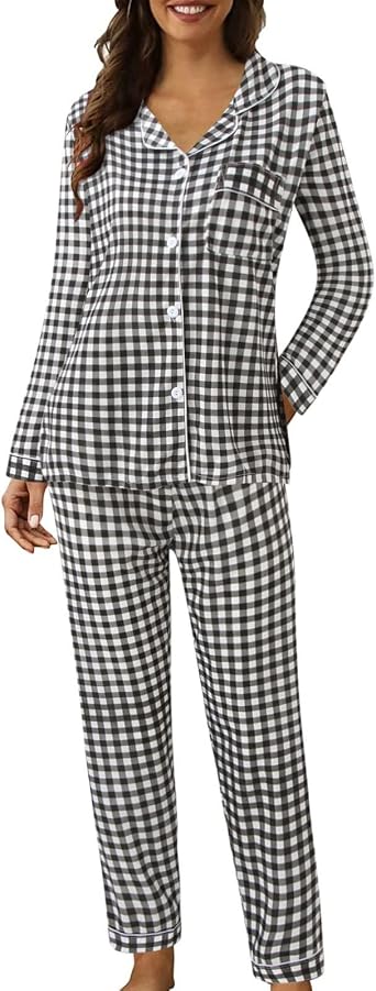 Womens Pajama Sets Long Sleeve Comfy Button Up Pjs Sets Ladies Warm Button Down Sleepwear Nightwear Soft Lounge Sets