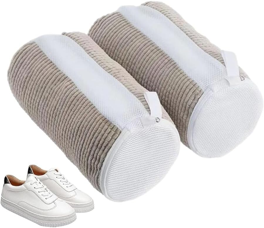 Machine Washable Corduroy Shoe Laundry Bags, White and Gray, Multi-Size Compatible, 3-Pack