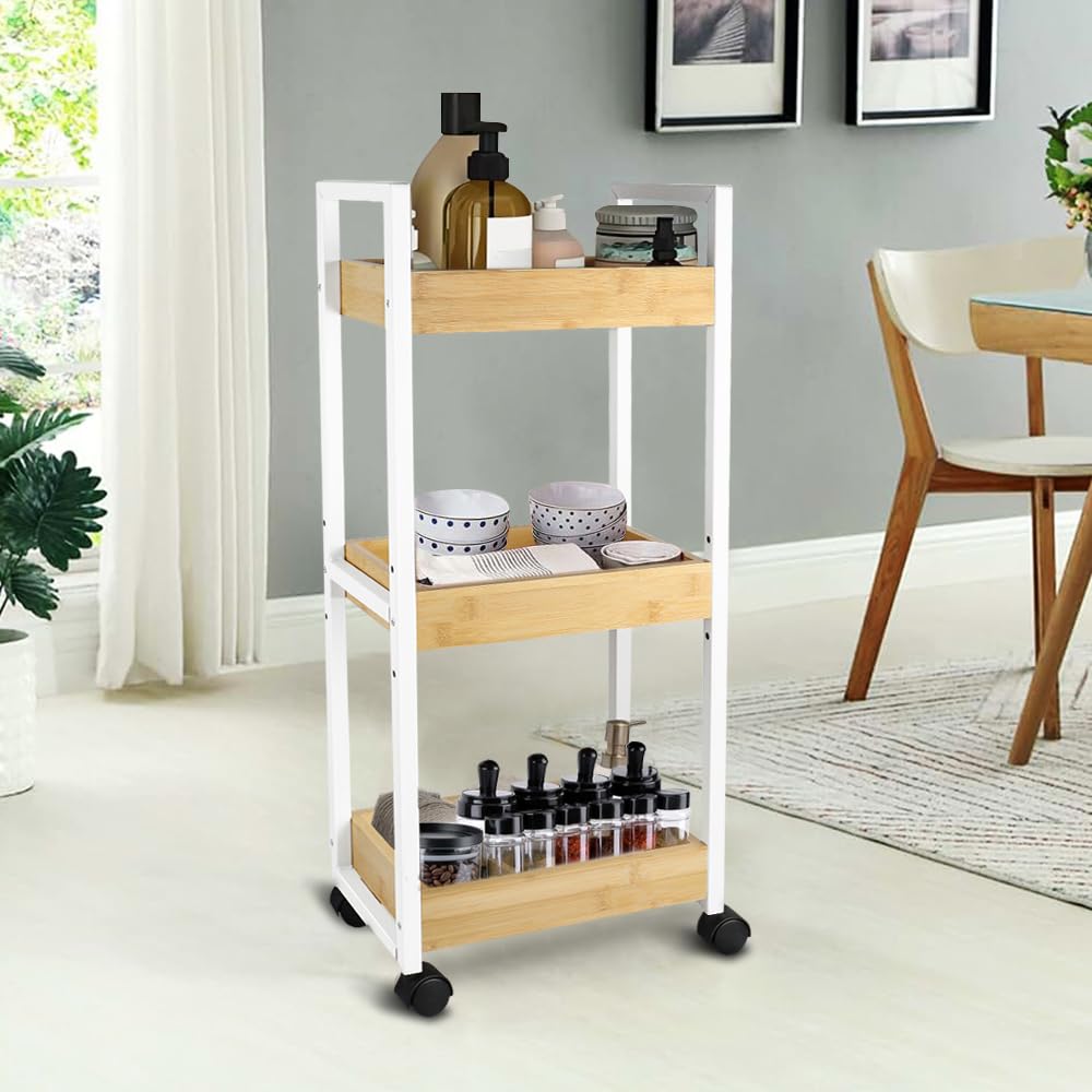 LANTUS Chariot de Rangement à roulettes, Desserte, Verrouillables, Chariot de Service pour Bureau Salon Cuisine, Capacité 25 kg,20 * 30 * 80cm-Blanc