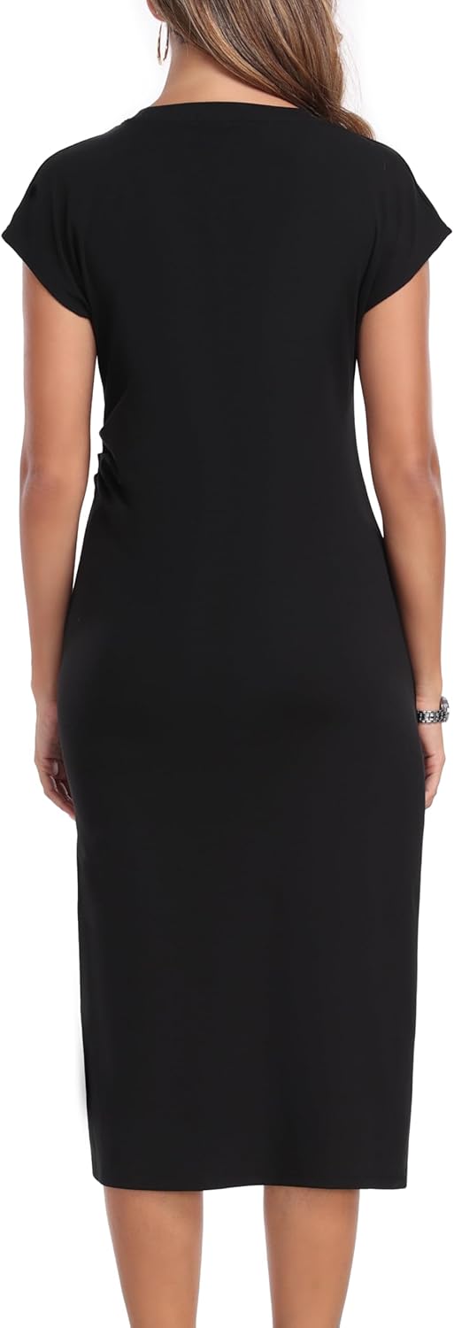 Women's Wear to Work Dresses Crew Neck Waist Pleats Slit Casual Office Dress - Image 5