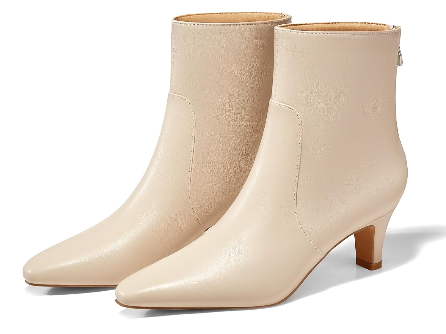 Coutgo Womens Low Kitten Heel Short Boots Fall Square Pointed Toe Ankle Boots Leather Dress Booties With Zipper