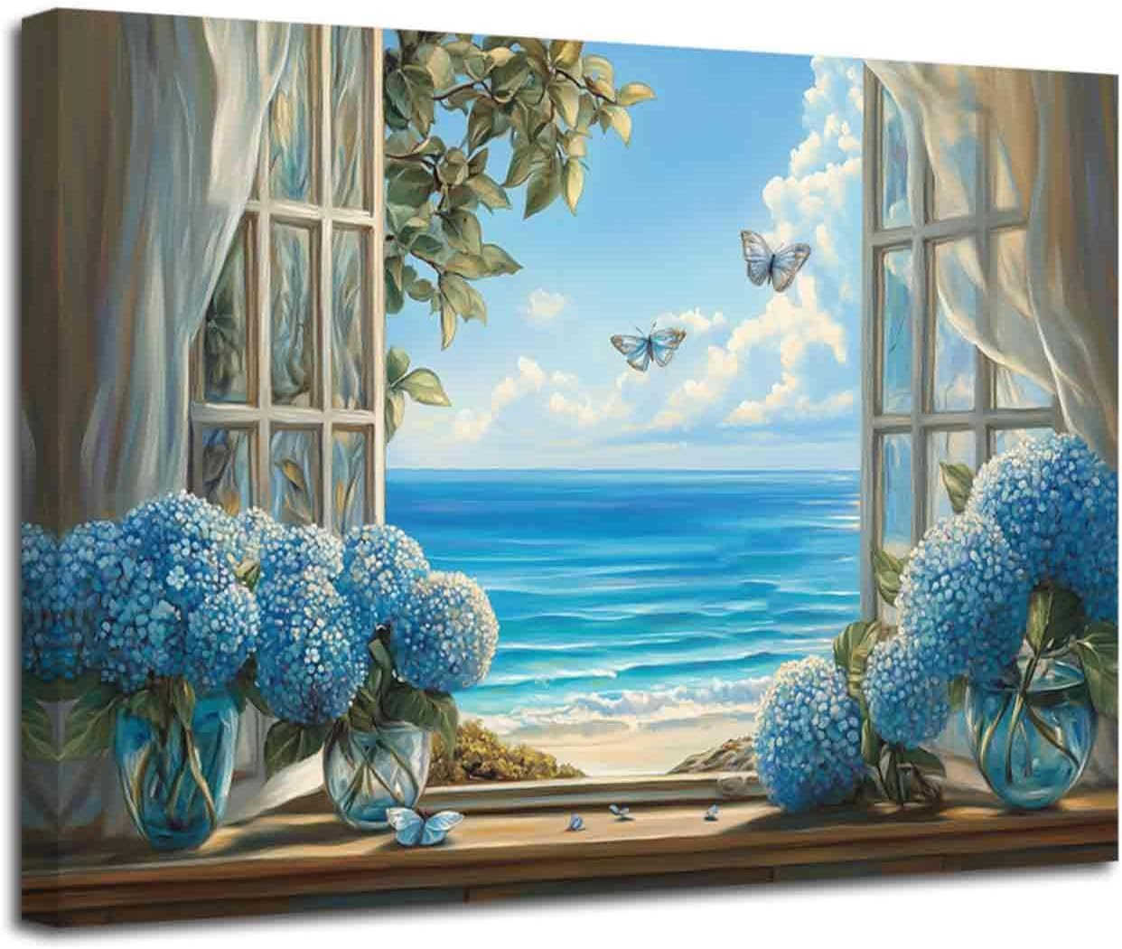 ZSHDEYMTOP Blue Beach Window Wall Art Bathroom Canvas Prints Blue Hydrangeas in Vase Pictures Coastal Painting Rustic Hydrangeas Poster Farmhouse Bathroom Decor (Beige, (12L x 18W))