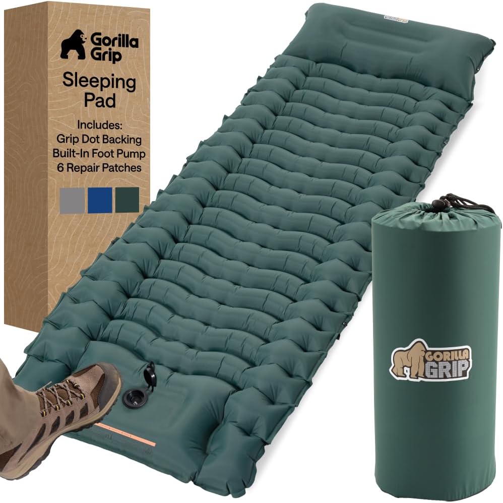 GORILLA GRIP Slip-Resistant Inflatable Sleeping Pad, Puncture Resistant Lightweight Camping Mattress, Foot Pump, Air Mats for Travel Backpacking, Inflating Bed Camp Sleep Pads for Tent, Hunter Green