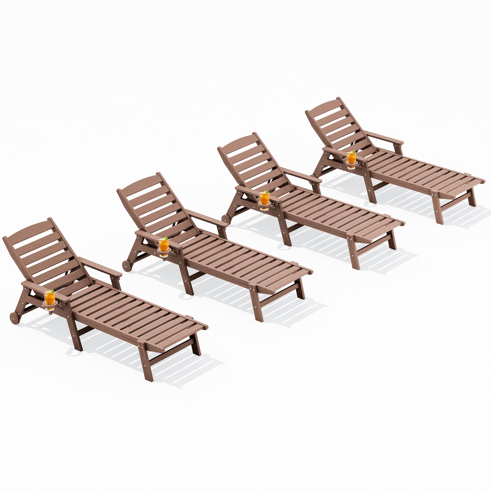 SERWALL HDPE Outdoor Lounge Chair Set of 4 with Cup Holder, Brown
