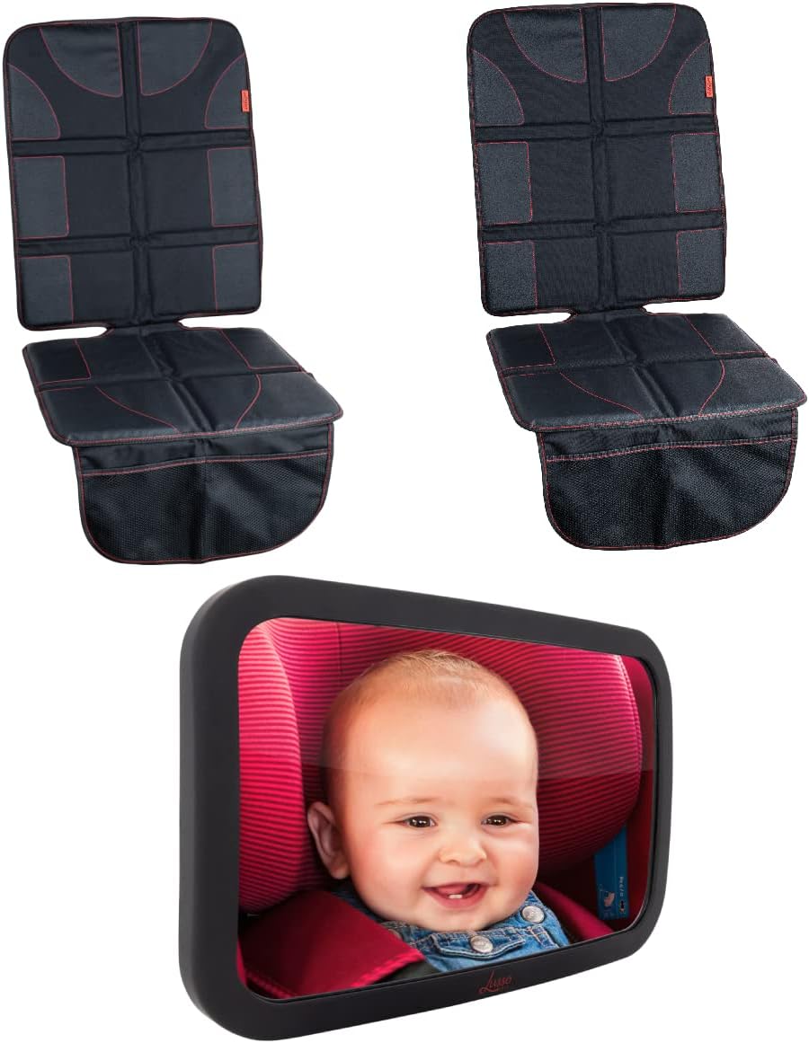 Lusso Gear 2 Pack of Car Seat Protectors (Black w/Red) + Baby Backseat Mirror for Car (Black), Waterproof, Protects Fabric or Leather Seats, Premium Oxford Fabric, Travel Essentials