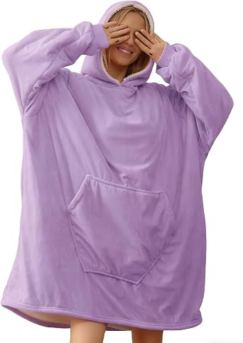 Oversize Wearable Blanket Sweatshirt with Hood Pocket Sleeves Warm Comfortable Plush Hooded Blanket