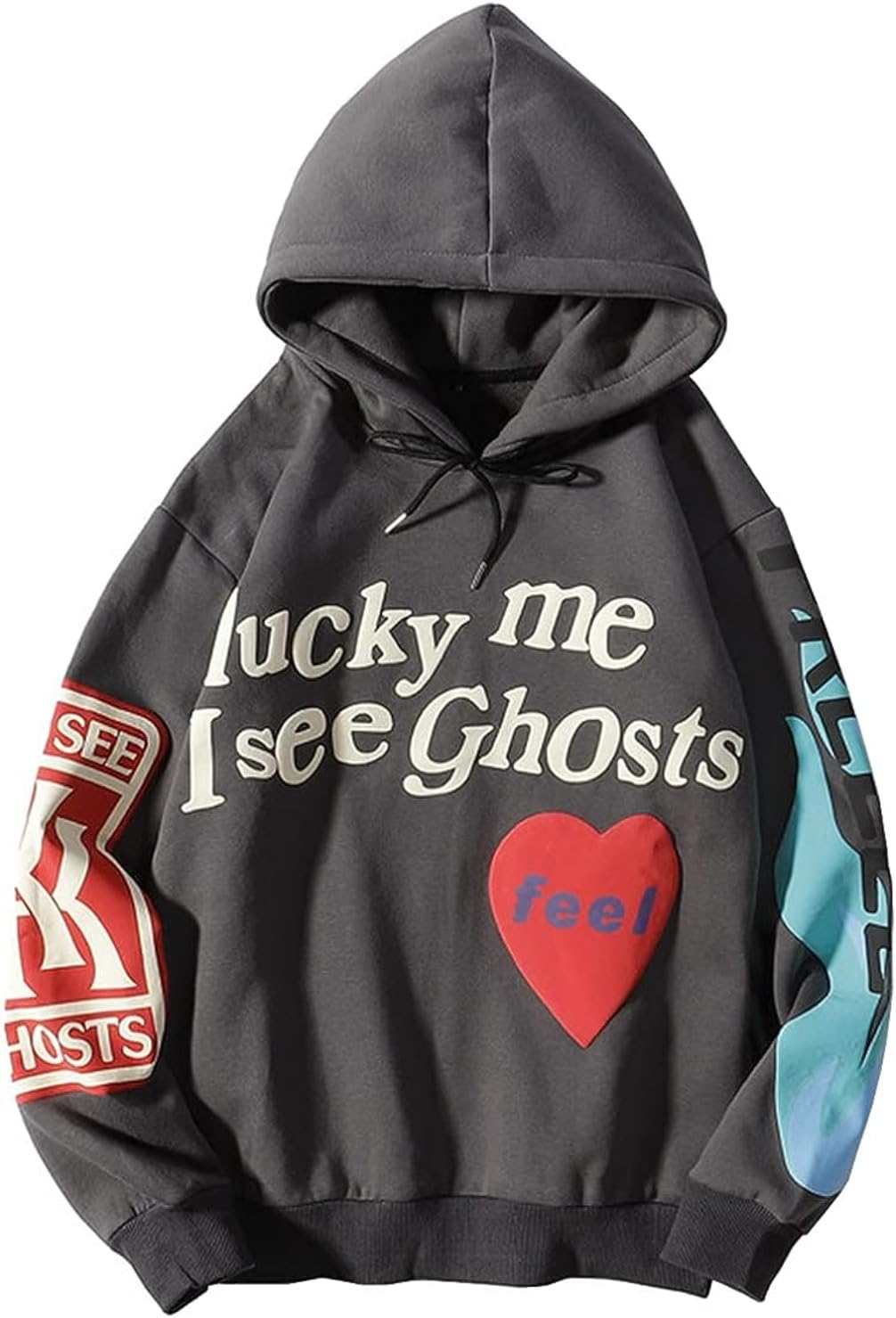 JASMYLucky Me I See Ghosts Hoodie for Men Women Hip Hop Couples Streetwear Graphic Pullover Couples Y2k Sweatshirt Sweater