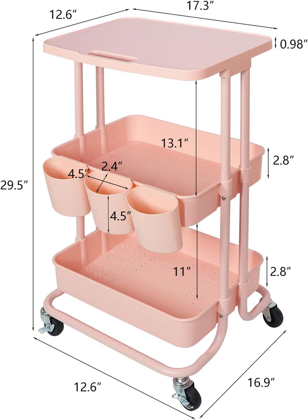 3 Tier Rolling Storage Cart with Tabletop, Practical Kitchen Storage Organizer Utility Service Cart on Wheels for Home Office - Pink