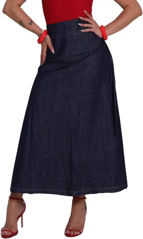 Saia Jeans Feminina Longa Midi Solta Cintura Alta
