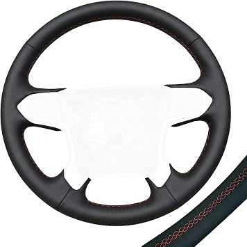 Steering Wheel Cover - 4-Spoke Compatible with Audi Q7 2007-11. Tailor Made - not Universal. Genuine top-Grade Italian Black Leather with Red Thread