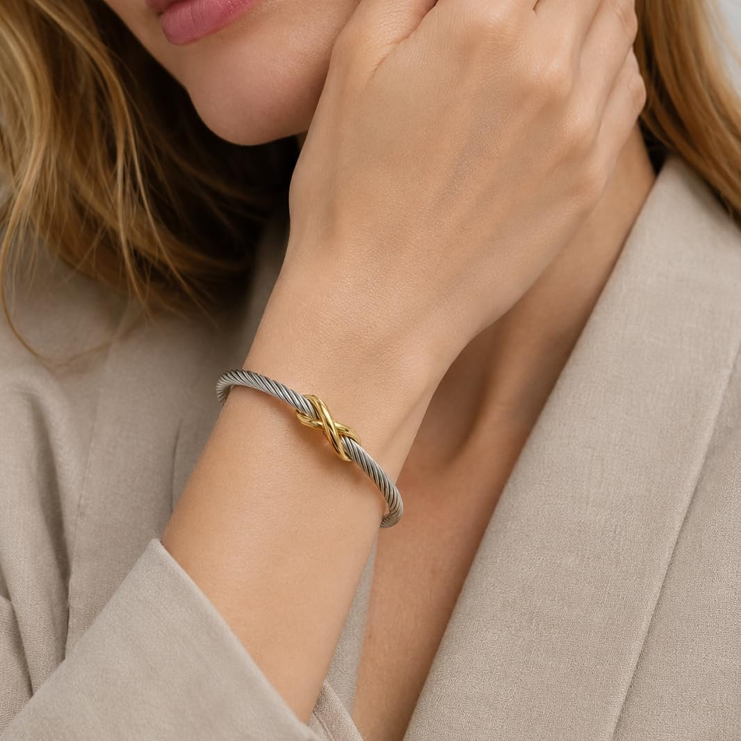 Twisted Cable Cuff Bracelet for Women, Stainless Steel Pearl Bangle