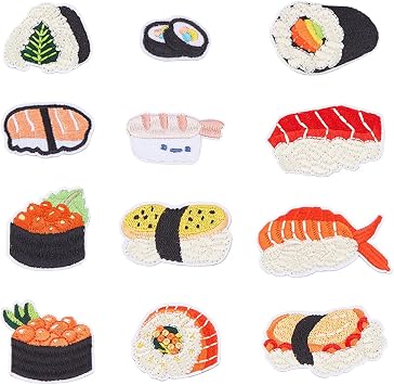 DICOSMETIC 12Pcs 12 Styles Sushi Patches Nigiri Inari Iron on Patches Japanese Food Applique Taiyaki Tempura Embroidered Applique Patch Embroidery Sew on for Clothes Jeans Jacket Hat Dress