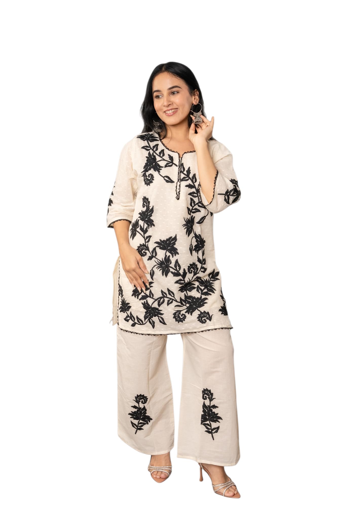 Women’s Kora Cotton Embroidered Co-Ord Set, Beige with Black Floral Embroidery, 3/4 Sleeve Tunic and Palazzo Pants-image-42