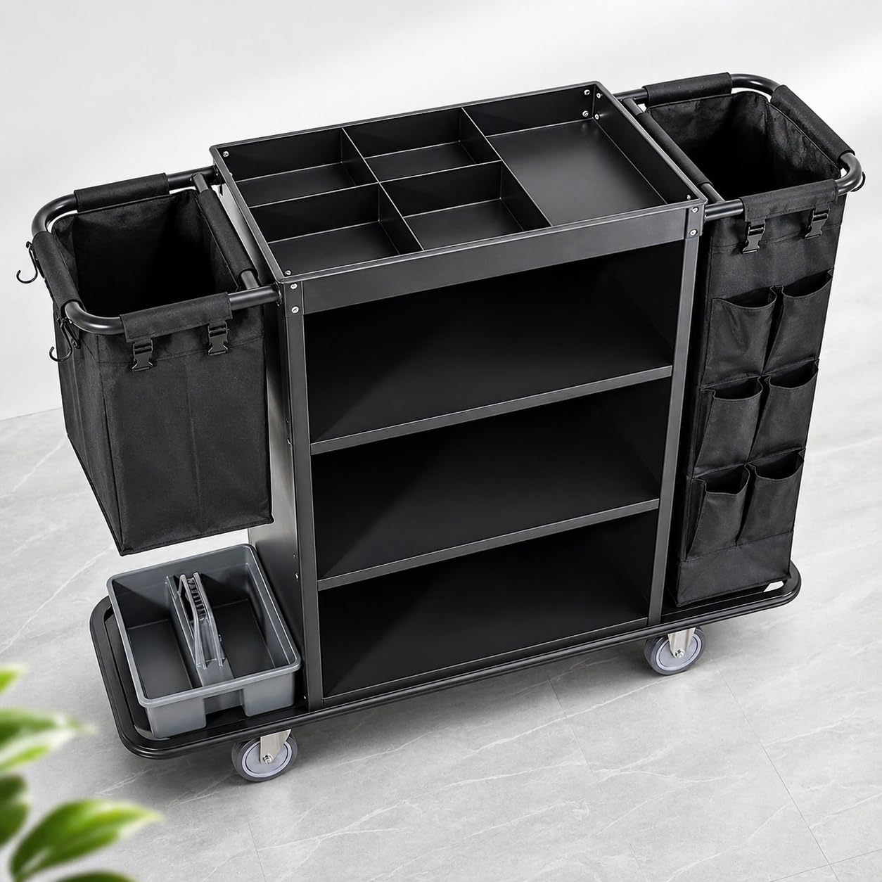 Wózek do sprzątania hotelu z torbą z tkaniny, wielofunkcyjny wózek do czyszczenia pokoju i przechowywania artykułów gospodarstwa domowego