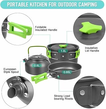 8Pcs Set Camp Cookware Camping Cooking Portable Mess Kit Backpacking Gear Non-Stick Pot Kettle Camping Pots and Pans Chopping Board Folding Tableware for Camping Hiking Picnic