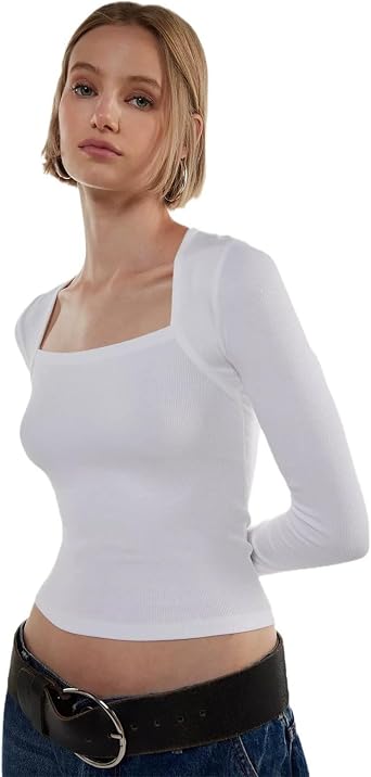 VANCOL Women Square Neck Long Sleeve Tops Slim Fitted Casual Basic Top Going Out T Shirts