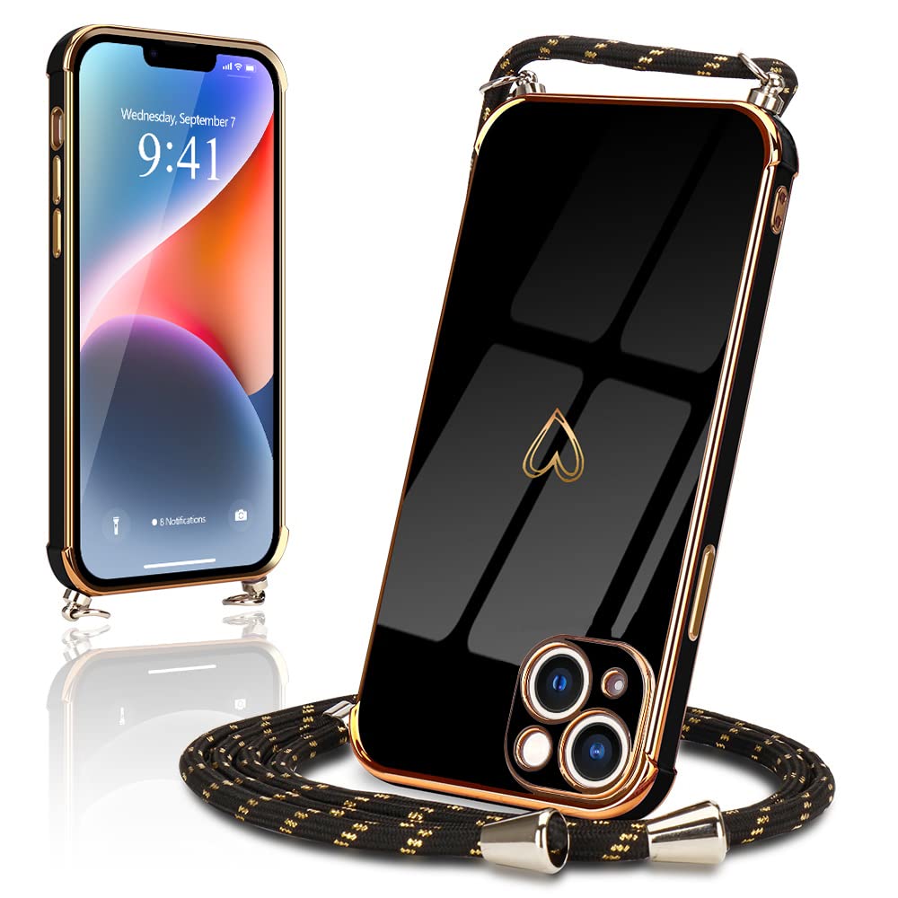 Micoden Cover Cordino per iPhone 14 Amore Cuore Donne Morbido Silicone Ultra Sottile Case con Protezione fotocamera Antiurto AntiGraffio Custodia con Regolabile Collana nero