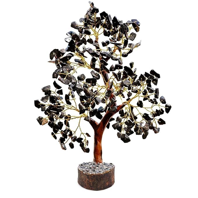 Black Agate Gemstone Bonsai Money Tree: for Showpiece,Home Decor, Reiki Healing, Good Luck, Gift, etc. 200 Stone Beads Tree with Golden Wire & 8in Size