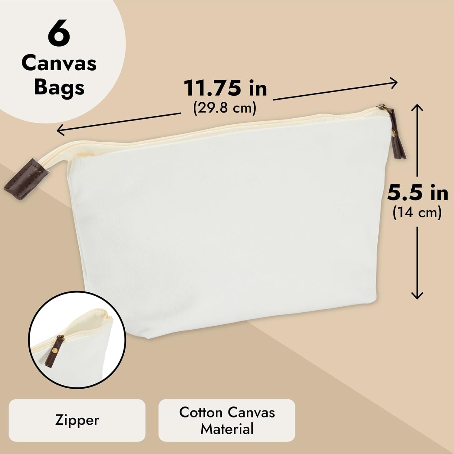 Juvale Canvas Makeup Bag - 6 Pack, 11.75 x 5.5 In, White Cotton - Travel Cosmetic & Toiletry Pouches with Zipper - Blank DIY Canvas Pouches for Crafting & Bridesmaid Gifts - Image 6