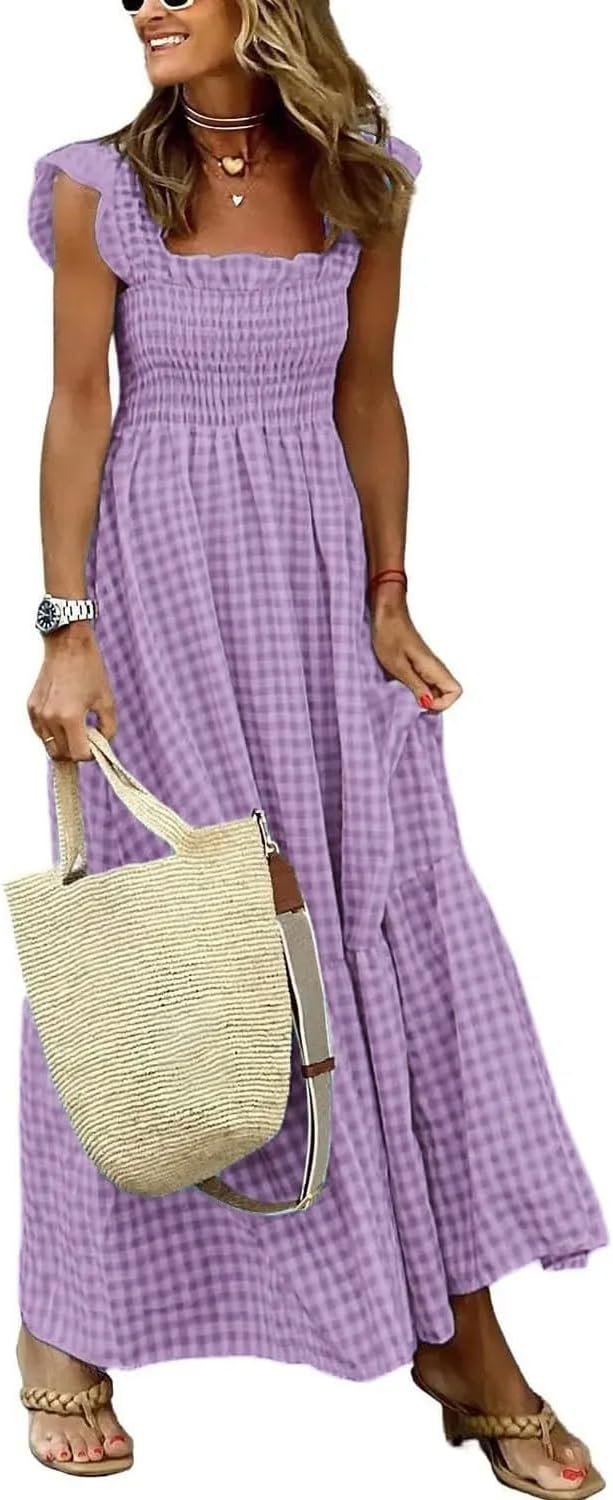 RanRui Women's Grid Squre Neck Spring Maxi Dresses 2025 with Smocked Detail Long & Boho Vacation Dress Maternity