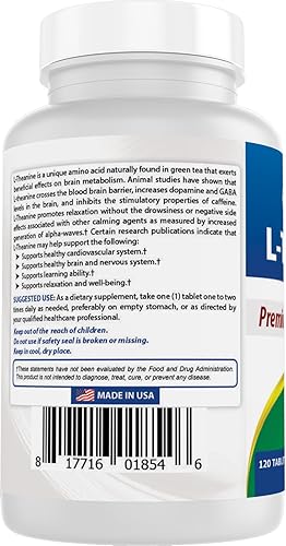 Miniatura 7 de Best Naturals L-teanina 200 mg por tableta (400 mg por 2 tabletas) - Promueve la relajación sin somnolencia - 120 tabletas vegetarianas - (120