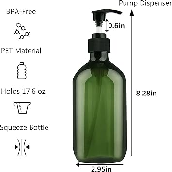 3 Pack Green Pump Bottle Dispenser, Empty Plastic Refillable Lotion Soap Shampoo Dispenser Containers with Pump, Show Soap Dispenser Bottles, BPA/Paraben Free, 500ml/16.9oz