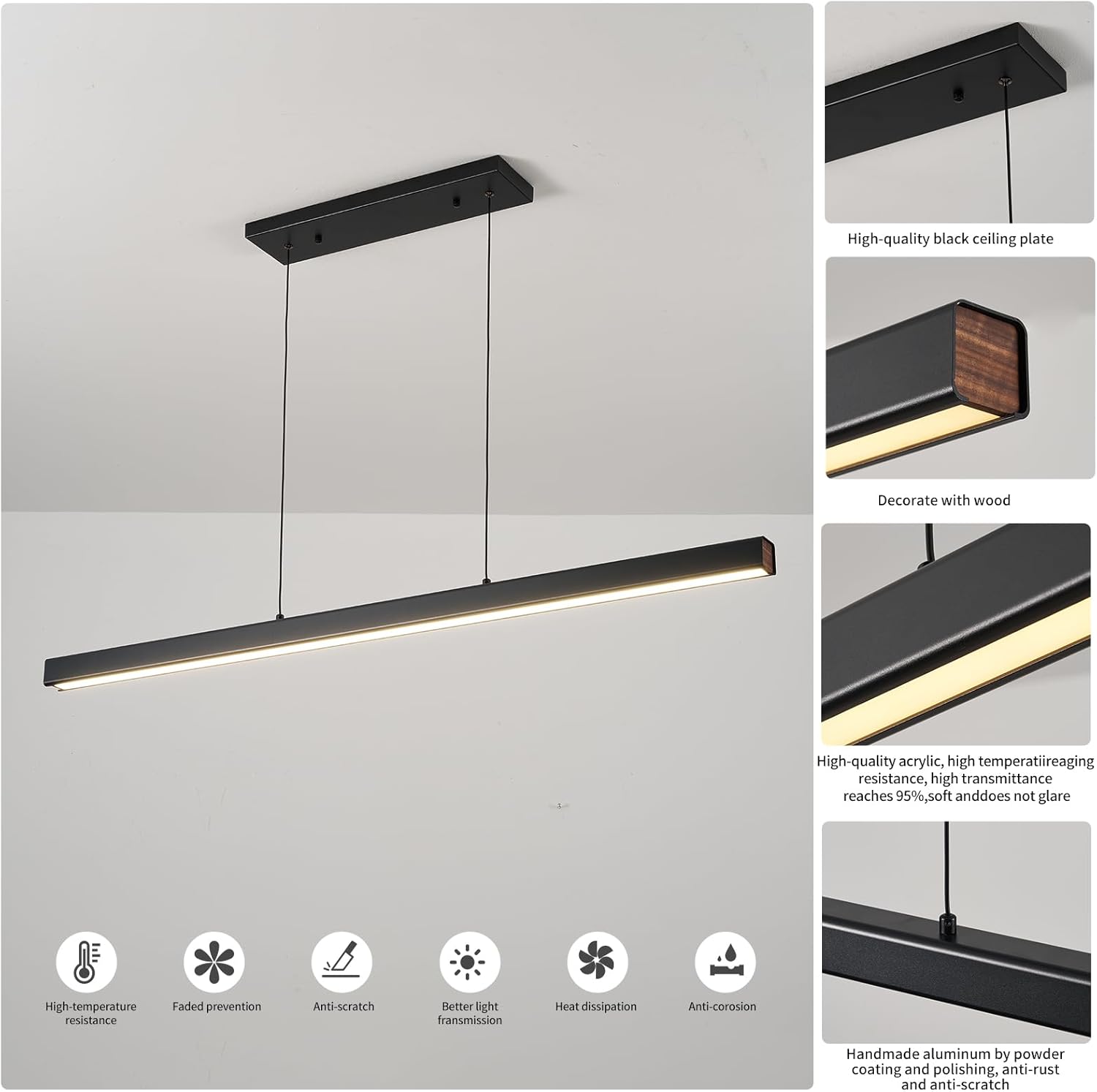 LED Linear Pendant Light Fixtures, 59'' Black Dimmable Island Light with Remote, 3000k-6000K Adjustable Color Temperature, Aluminum Chandelier Lamp Fixture for Kitchen, Dining Room, study room
