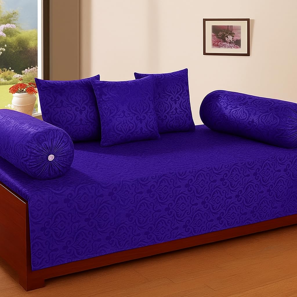 Home Stylish Premium Velvet Diwan Sets - 1 Bedsheets Sheet,2pc Bolster Cover 3pc Cushion Covers Sets of 6 Pieces (Blue)-picture-34