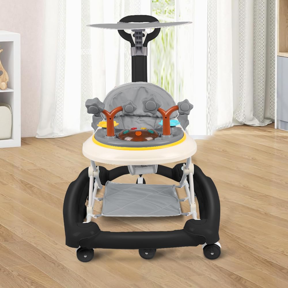 5-in-1 Lauflernhilfe für Babys, 5 Höhenverstellung und Klappbar, Gehfrei Babywalker ab 6 Monate, bis zu 20 kg mit Fußmatte+Schub+Sonnenschutz (Schwarz)
