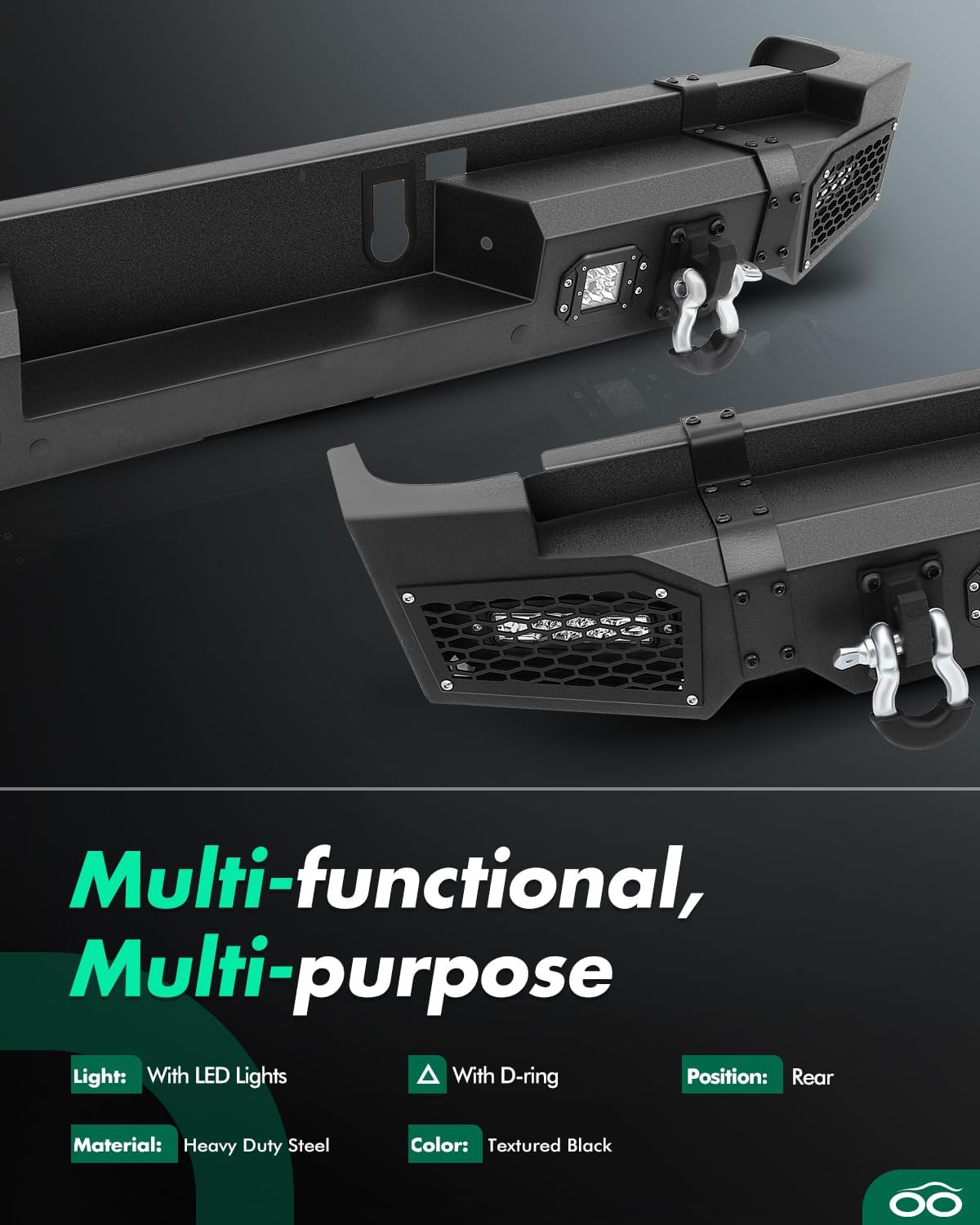 SCITOO Rear Bumper Textured Black fit for 2019-2021 for Dodge Ram 1500,2019-2020 for Dodge Ram 1500 Classic Rock Crawler Bumper w/D-ring + LED Lights(Except classics)