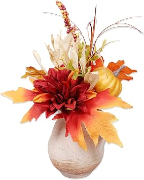 Artificial Potted Fall Plants,Fall Faux Potted Plants,Artificial Fall Flowers with Ceramic Vase,Fall Flower Arrangements in Vase,Thanksgiving Orange Floral Centerpieces for Tables