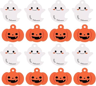 100Pcs Halloween Tags for Goodie Bags, Pumpkin Ghost Pattern Gift Tags for Trick or Treat Party Favor Supplies, Candy Cookies Goodie Bags Gift Wrap Hanging Decor