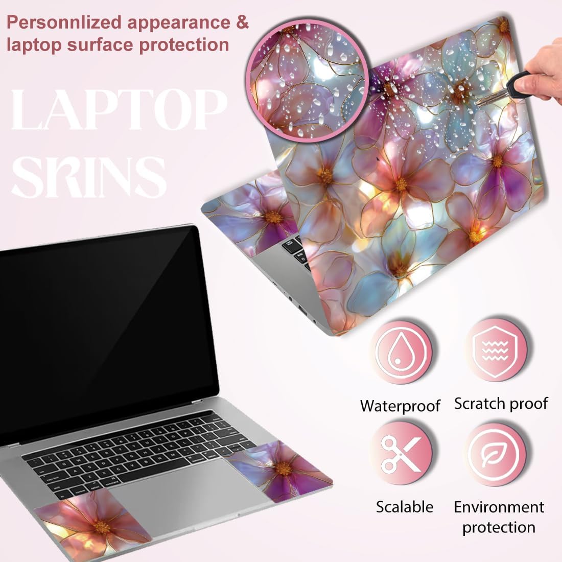 SUPERDANT Laptop Skin Sticker Flowers Laptop Decals Personalized Universal Notebook Computer Wrap Vinyl Skin Stickers Cover Art Decal Removable 12-15.6 Inch Waterproof Scratch-Resistant Gifts image 3