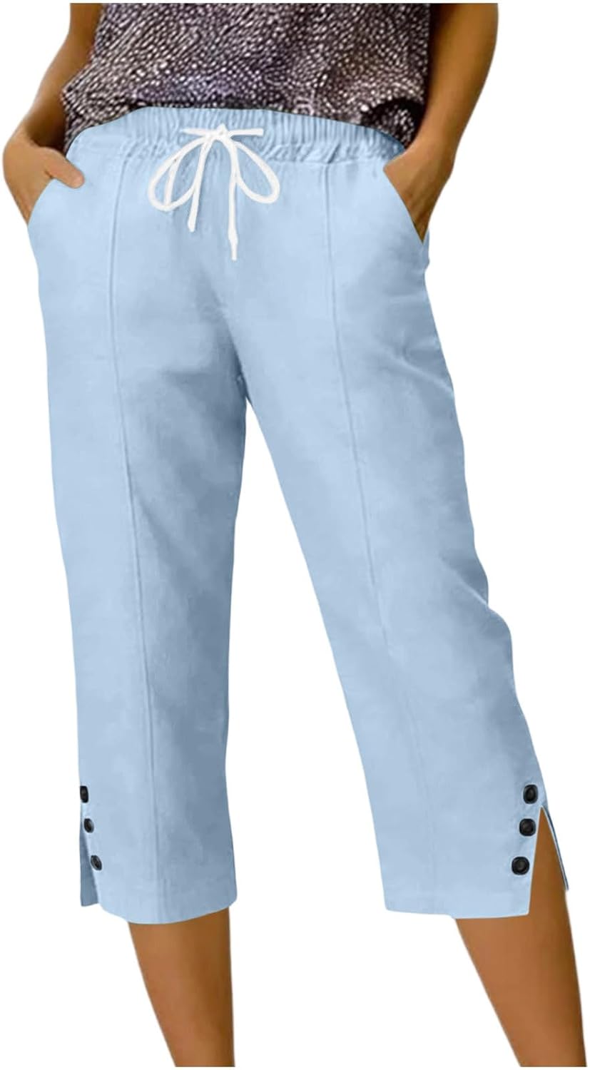 Capris Pants for Women Cotton Linen Casual Summer Straight Wide Leg Loose Drawstring Side Split Cropped Trouser