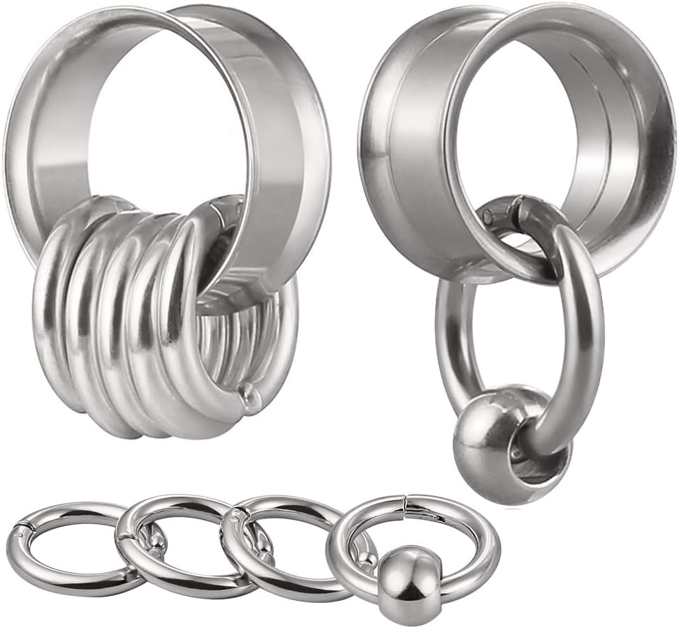Hypoallergenic Ear Plugs Tunnels with Stacked Rings & Beads, 0g - 1 inch Surgical Stainless Steel 316L Gauges for Ears, DIY Style Ear Stretcher Expander Body Art Jewelry for Men & Women