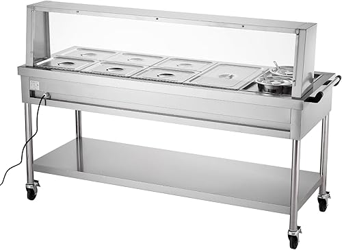 Miniatura 11 de VEVOR Calentador de alimentos eléctrico comercial, 7 sartenes + 2 ollas, mesa de vapor de 1800 W, calentador de alimentos profesional con ruedas de