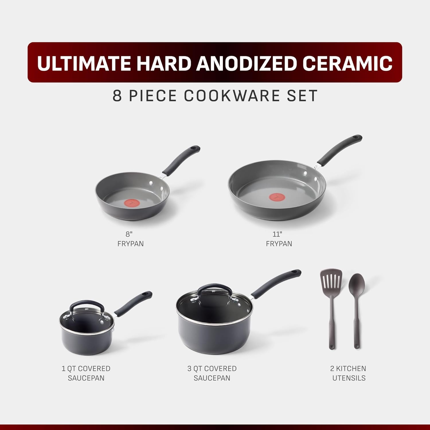 T-Fal Ultimate Hard Anodized Ceramic Nonstick 8 Piece Cookware Set, Oven Safe Up to 400°F, Dishwasher Safe, Pots and Pans Set, Includes Frying Pans, Saucepan, Cooking Utensils, Grey