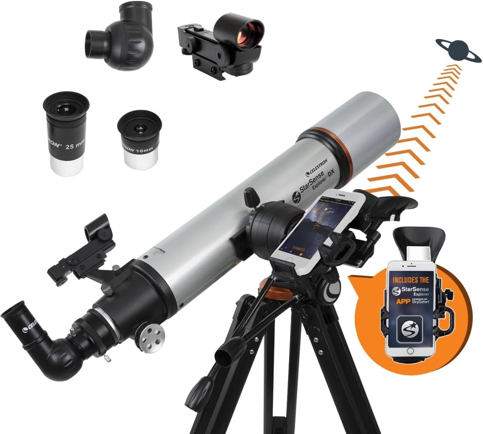 Silver Celestron StarSense Explorer DX 102AZ refractor telescope on a tripod with the phone dock, eyepieces, diagonal and finderscope