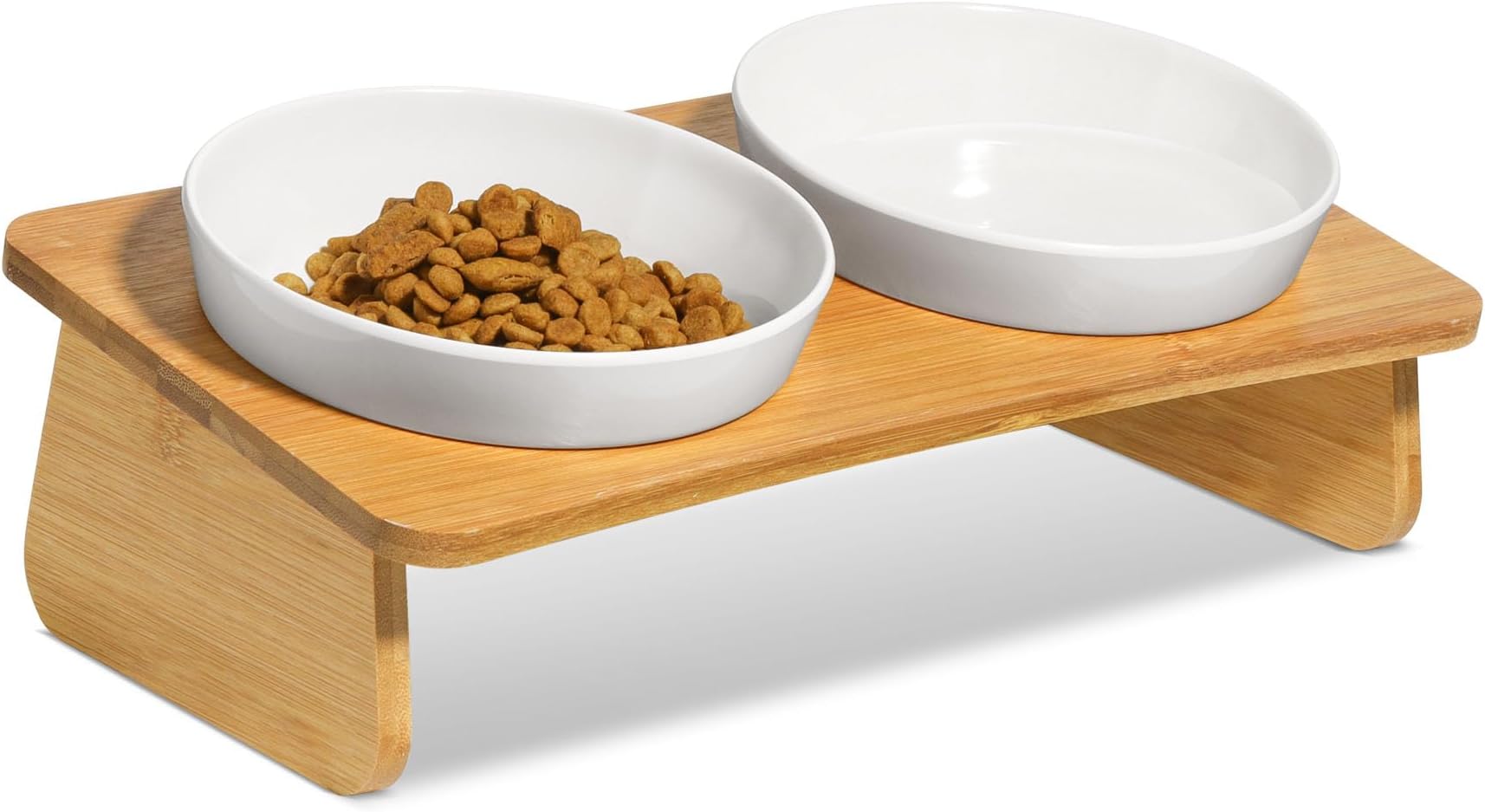 Raised Cat Bowl with Bamboo Stand, Elevated Pet Feeder with 2 Melamine Bowls, Tilted Food and Water Cat Feeding Dish, Protect Pet's Spine, Whisker Stress Free Anti Vomiting, White