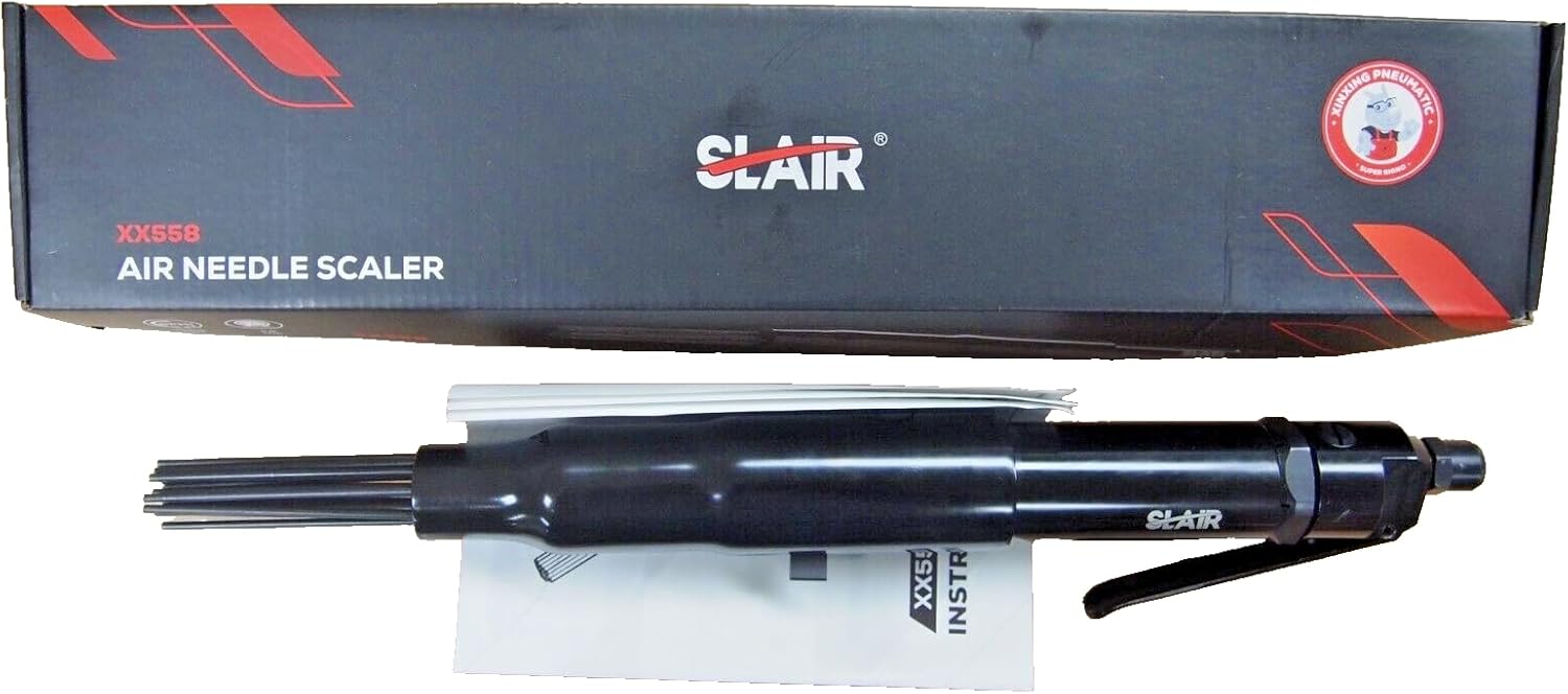SLAIR 18" Pneumatic Needle Scaler - 5000 BPM with 19 Heat-Treated Needles, Removes Paint, Rust & Welding Slag - Adjustable Bayonet Lock, 1/4" NPT Air Inlet (Includes Oil Can & Connector, Model XX558)