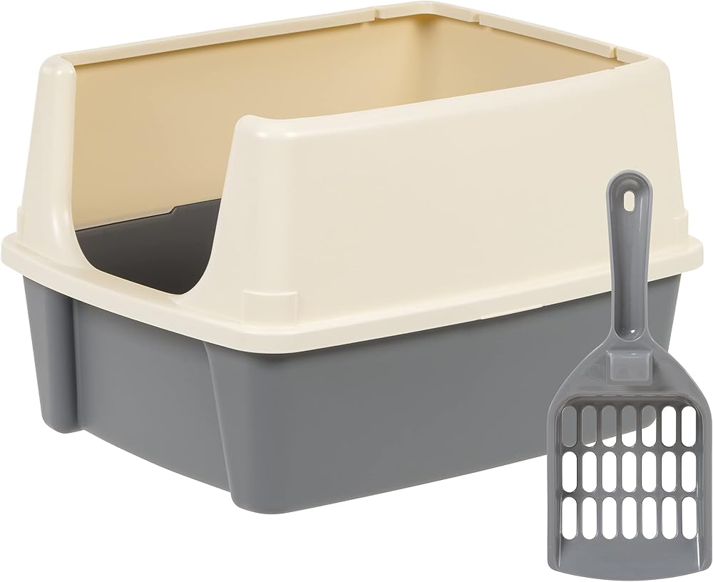 Amazon product image of Amazon Basics Large Cat Litter Box with High Sides, Open Top for Easy Access, Includes Scoop with Storage, 19" x 15" x 11.75", Grey/Beige