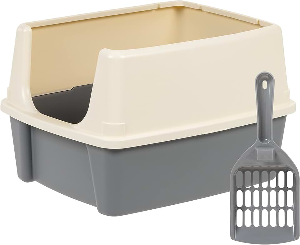 Amazon Basics Large Cat Litter Box with High Sides, Open Top for Easy Access, Includes Scoop with Storage, 19" x 15" x 11.75", Gre
