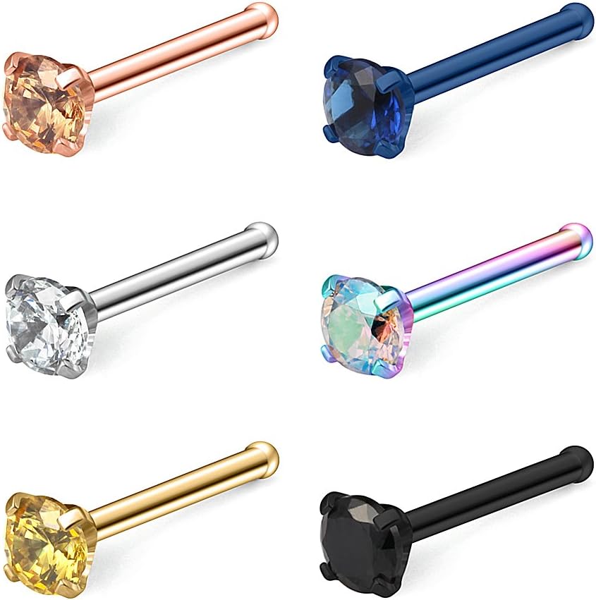 Ruifan 6-18PCS 22G Surgical Steel Mix Color Diamond CZ Nose Stud Rings Bone Pin Piercing Jewelry 1.5mm 2mm 2.5mm 3mm