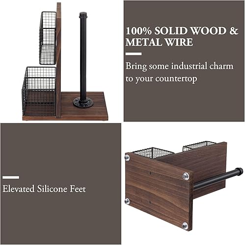 Miniatura 3 de MyGift Carrito de comedor rústico de madera maciza marrón oscuro oscuro e industrial de tubo de metal negro mate con soporte para rollo de toallas